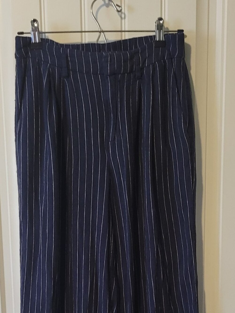 A New Day Navy White Striped Wide-Leg Pants Pleated Linen  Rayon Women Size 2